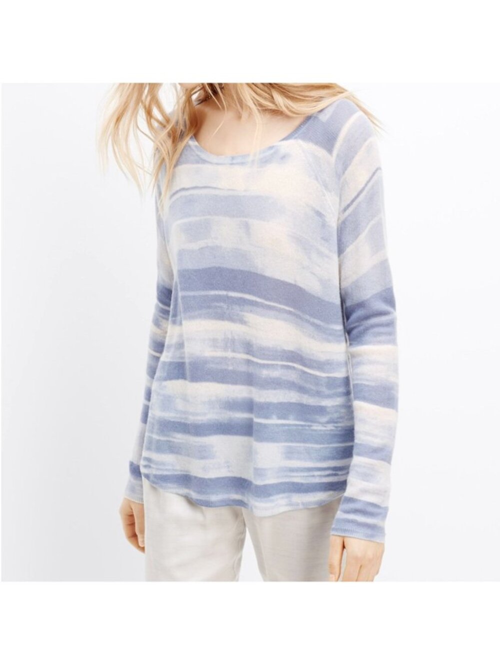 Vince Impressionist Stripe Wool Cashmere Pullover Blue White Sweater S